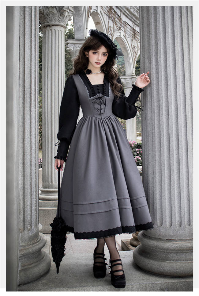 Withpuji Gray Black Fake Two Pieces Lolita Dress