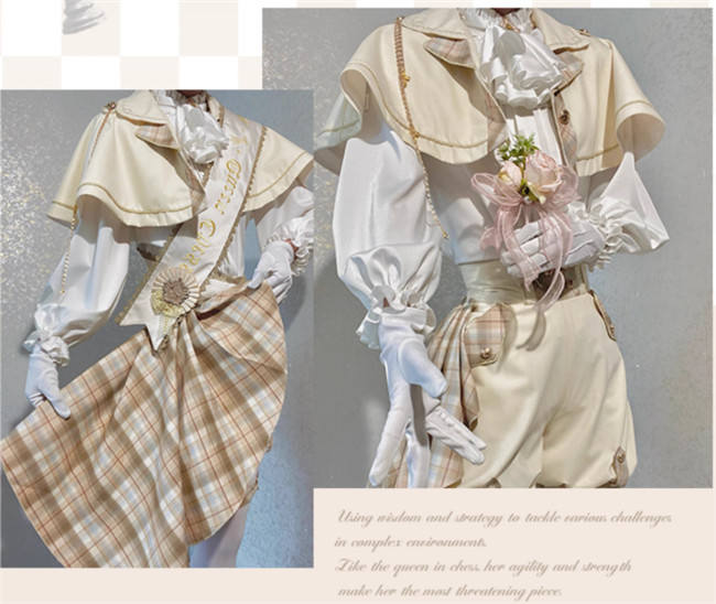 Queen's Game Ouji Lolita Blouse, Cape, Short Pants Pink Yellow Blue