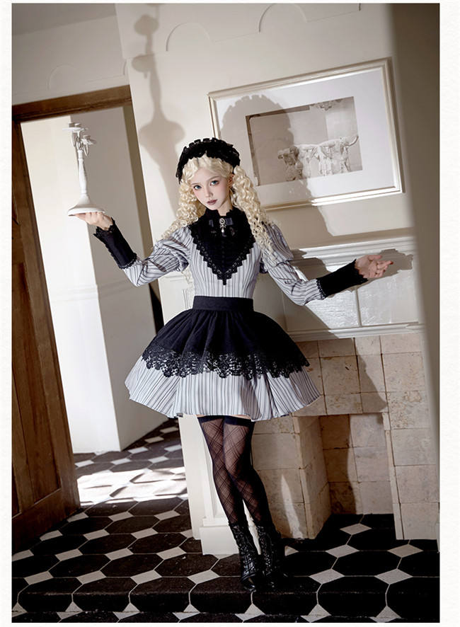 Withpuji Stripe Gothic Lolita Dress and Apron