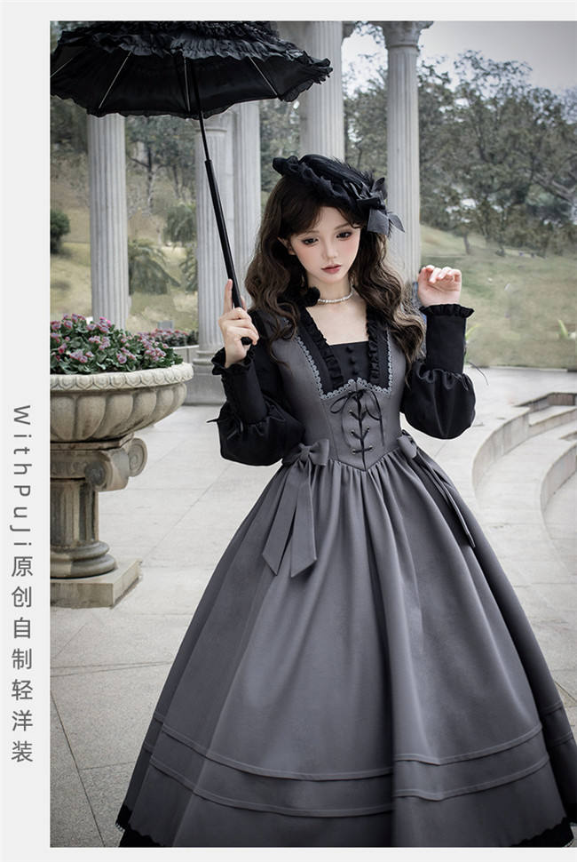 Withpuji Gray Black Fake Two Pieces Lolita Dress