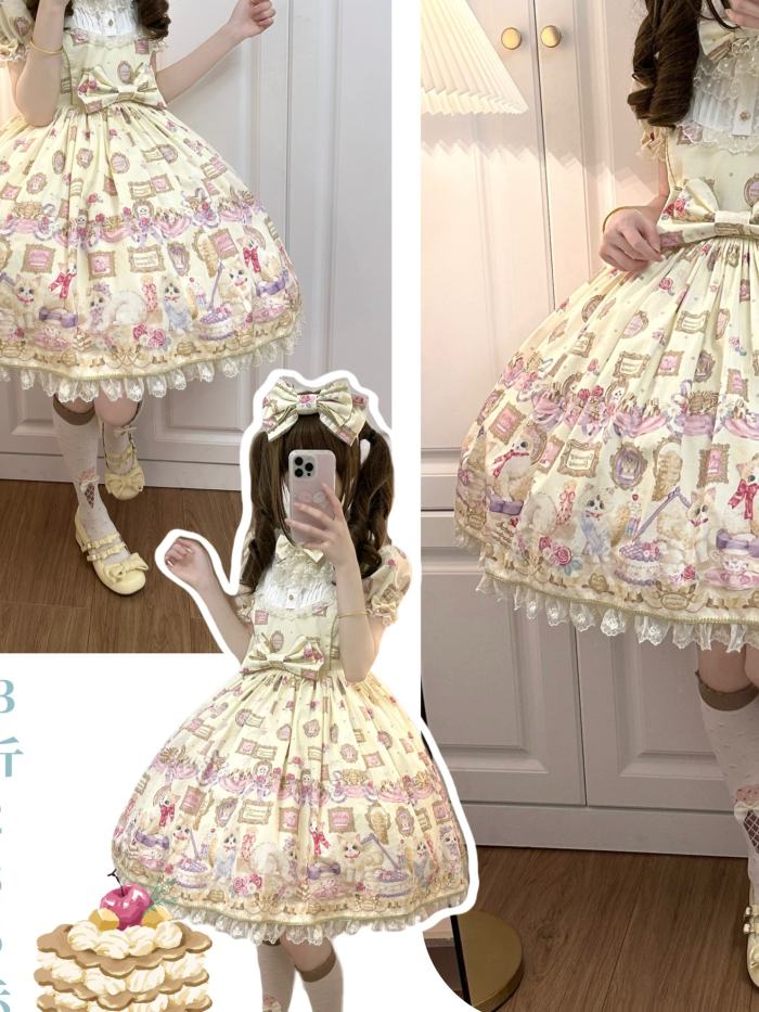 Discovering Treasure Picture Frame Cat Printed Lolita Dress