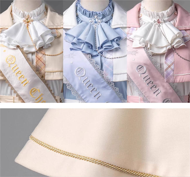 Queen's Game Ouji Lolita Blouse, Cape, Short Pants Pink Yellow Blue