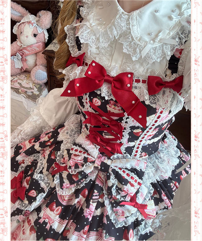 Antique Doll Strawberry Cake Sweet Lolita Dress, Blouse and Accessories