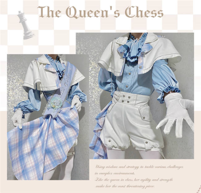 Queen's Game Ouji Lolita Blouse, Cape, Short Pants Pink Yellow Blue