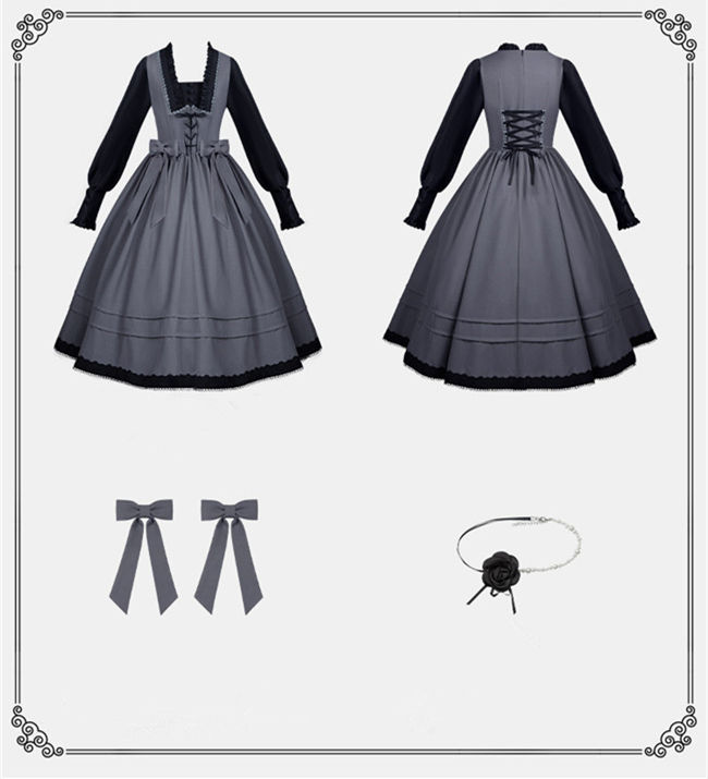 Withpuji Gray Black Fake Two Pieces Lolita Dress