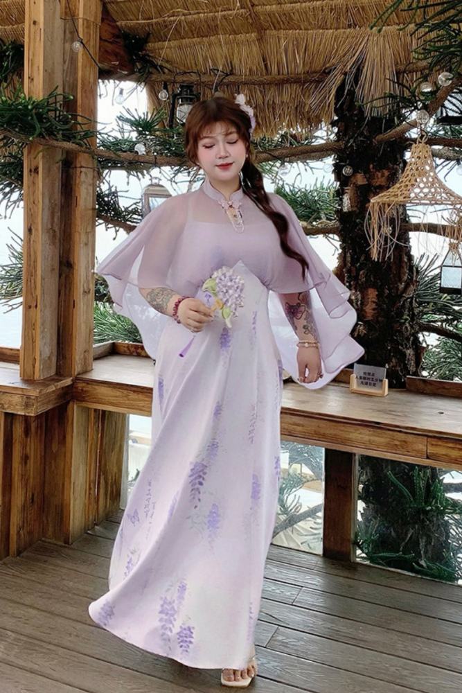 Hard Candy Plus Size Gentle Wisteria Cheongsam Long Dress