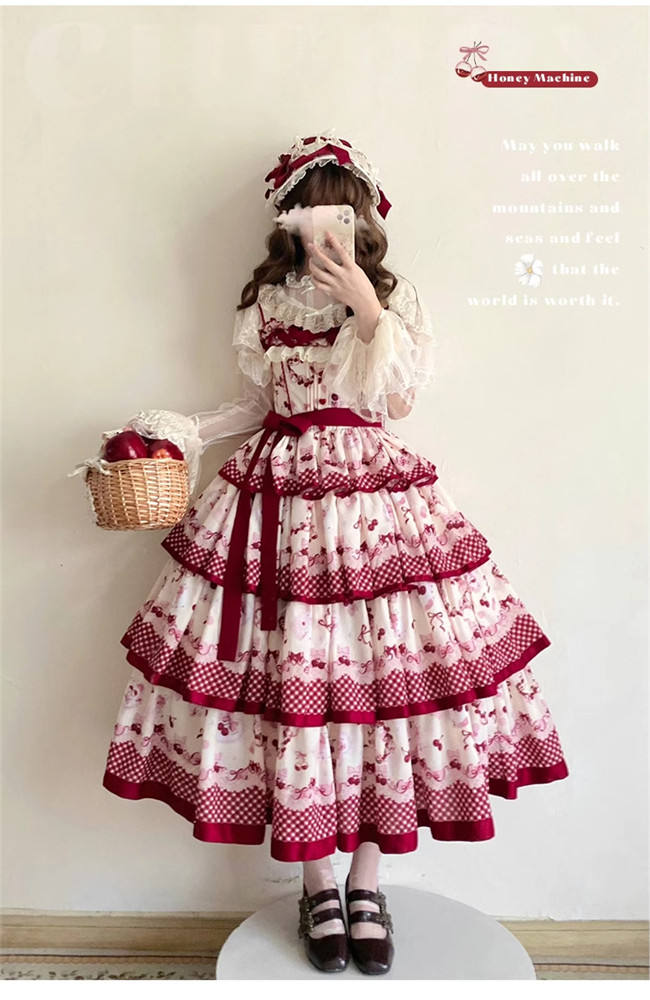 Honey Machine Ripe Cherry Classic Lolita Dress, Overdress, Hat and Bonnet