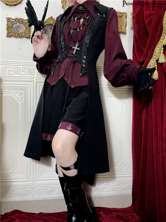 Princess Chronicles Red and Black Vintage Ouji Fashion Blouse,  Vest and Short Pants