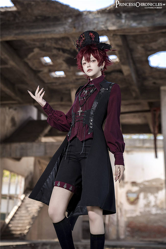 Princess Chronicles Red and Black Vintage Ouji Fashion Blouse,  Vest and Short Pants