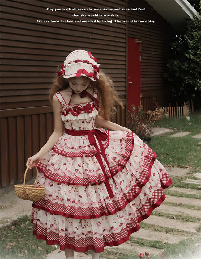 Honey Machine Ripe Cherry Classic Lolita Dress, Overdress, Hat and Bonnet