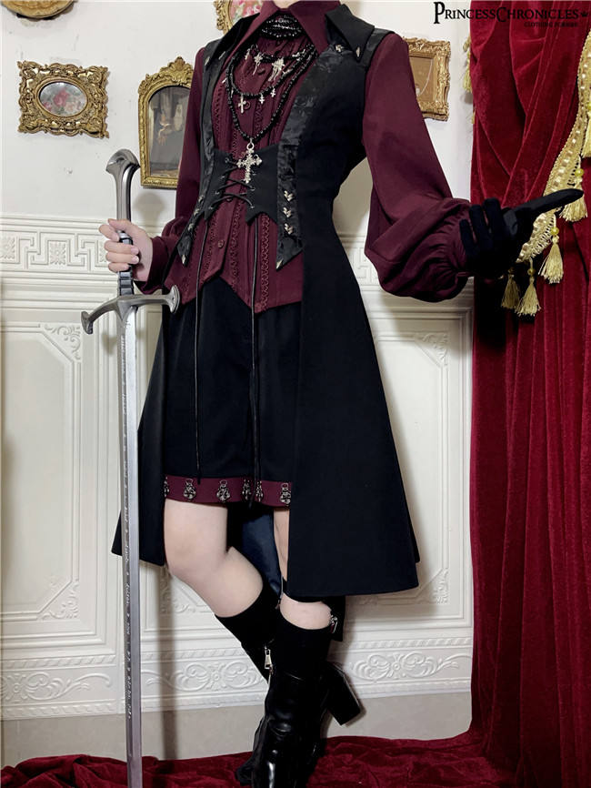 Princess Chronicles Red and Black Vintage Ouji Fashion Blouse,  Vest and Short Pants