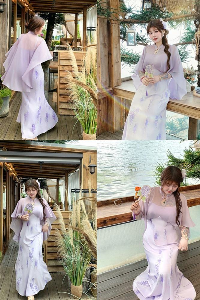 Hard Candy Plus Size Gentle Wisteria Cheongsam Long Dress