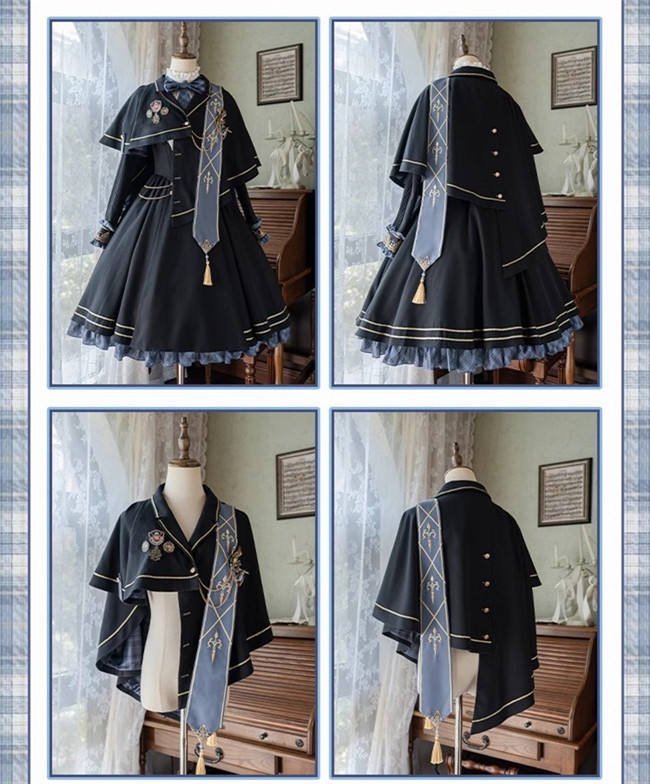 Ying Luo Fu Daybreak College Style Lolita One Piece Dress, Cape and Ribbon