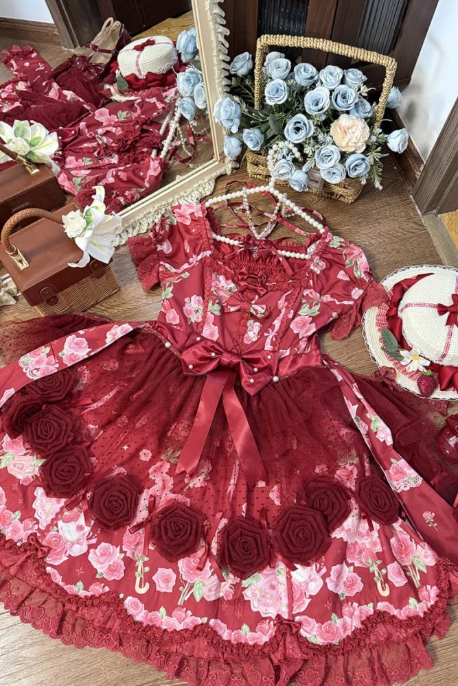 Feline Contract ~Little Rose~ Lolita Prints OP and Overdress 5 Colors
