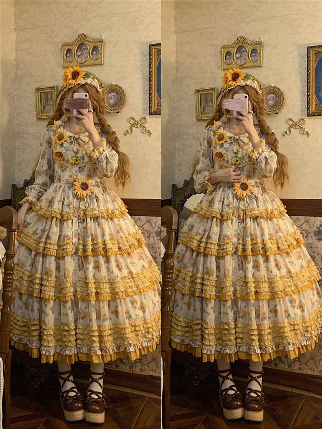 Miss Point Garden Sunflower Tiered Skirt Lolita One Piece Dress