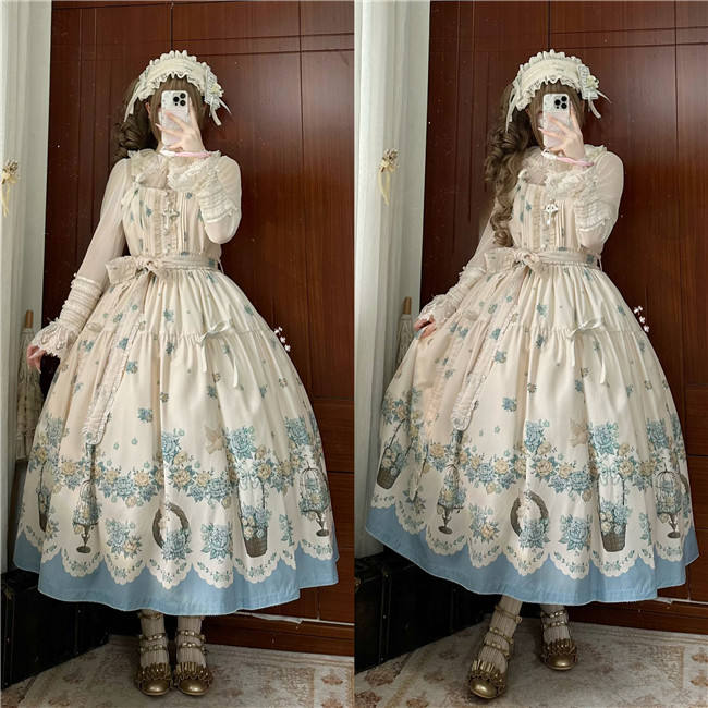 Dream Whale Flower Bird Lolita Jumper Dress and Headband