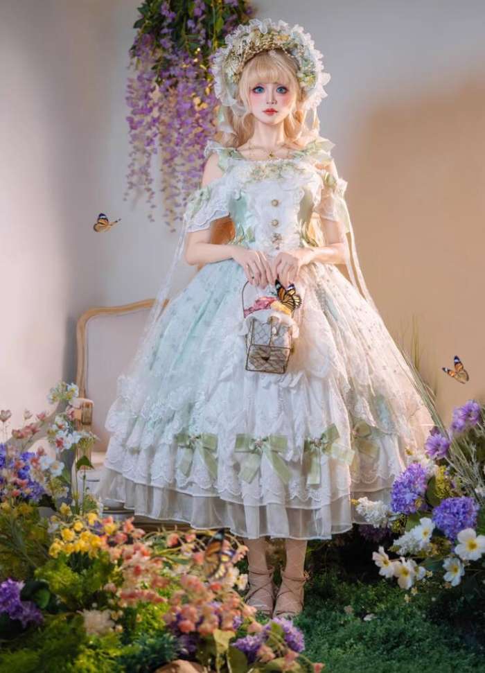 Cat Fairy Glass Phantom Green Plus Size Lolita Dress and Bonnet