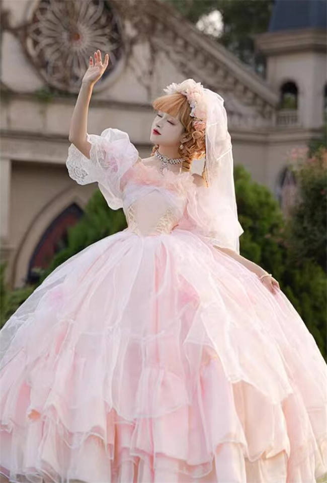 Plus Size Pink Wedding Dress Long Formal Lolita Dress