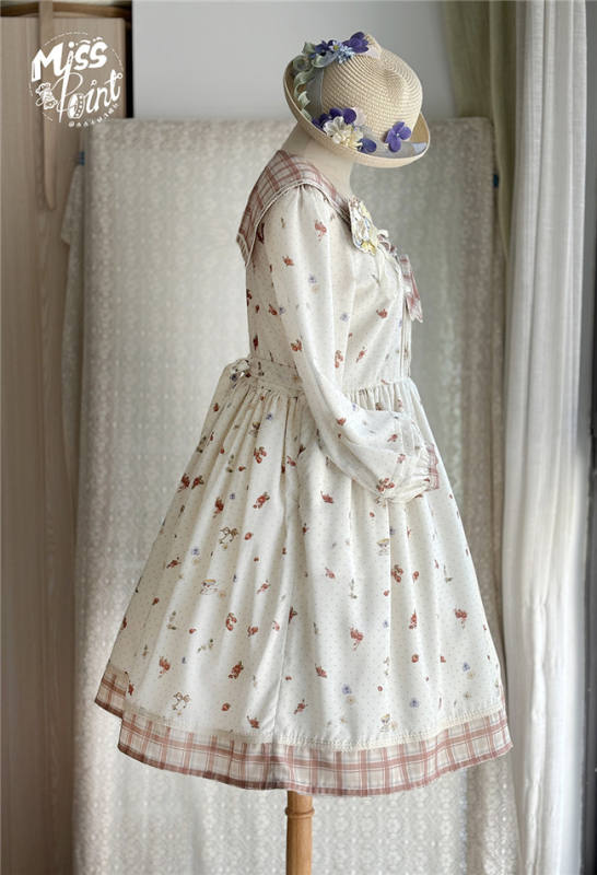 Miss Point Flowers and Strawberry Print Sailor Collar Lolita OP Dress