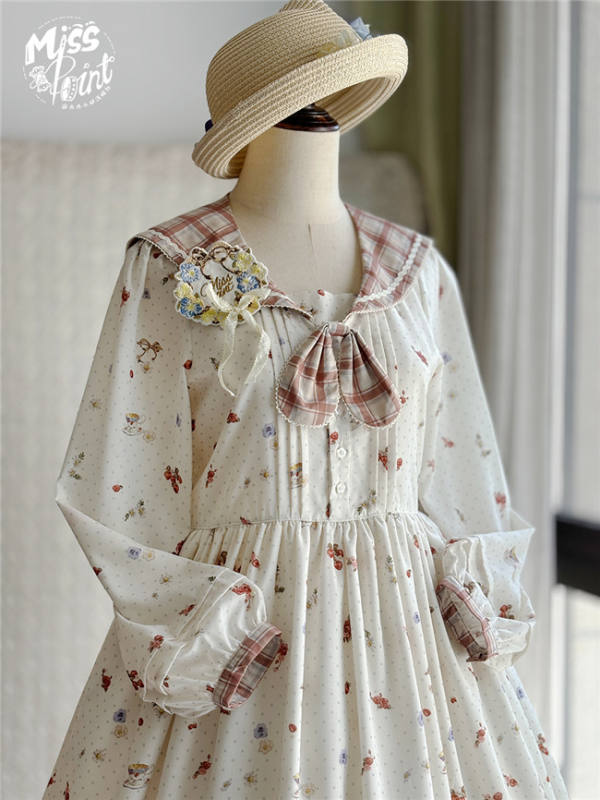 Miss Point Flowers and Strawberry Print Sailor Collar Lolita OP Dress