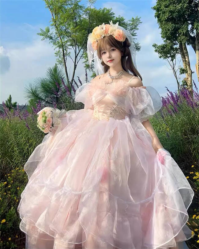 Plus Size Pink Wedding Dress Long Formal Lolita Dress