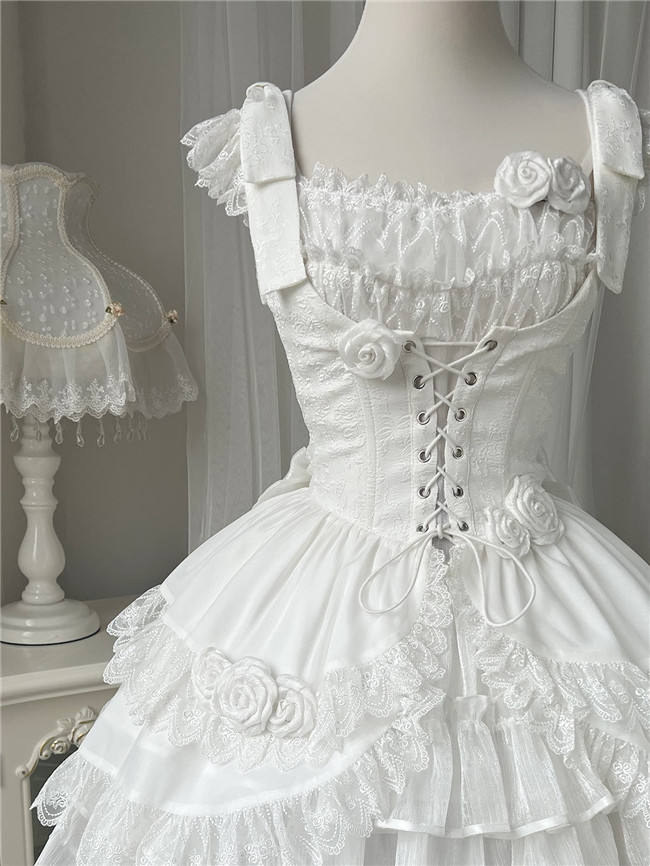 White Rose Fishbone Waist Gothic Lolita Dress