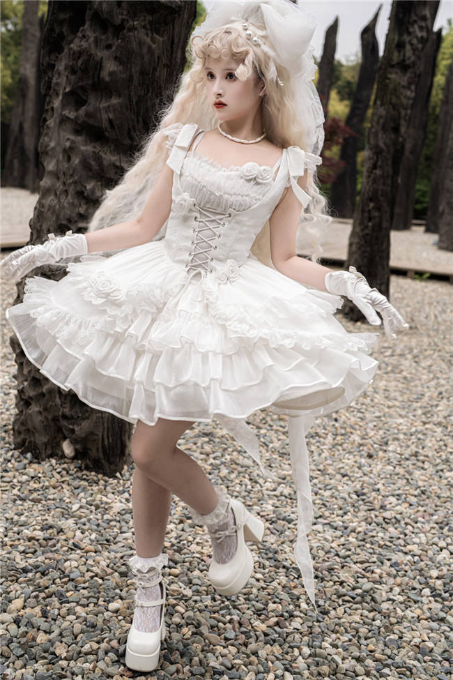 White Rose Fishbone Waist Gothic Lolita Dress