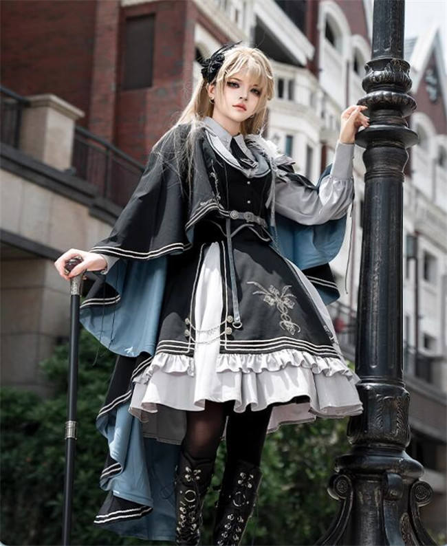 Dark Contract Blue Military Lolita Vest, Blouse, Skirt, Cape and Feather Badge
