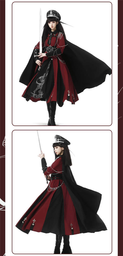 Ying Luo Fu Scarlet Knight Red Military Lolita Dress, Cape and Waist Belt