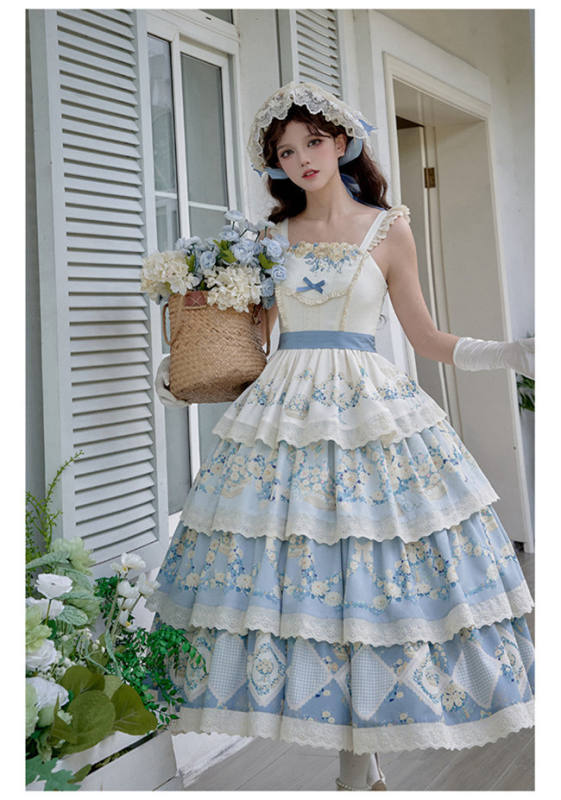 Withpuji Daisies and Flower Baskets Print Country Lolita Dress, Shawl and Blouse
