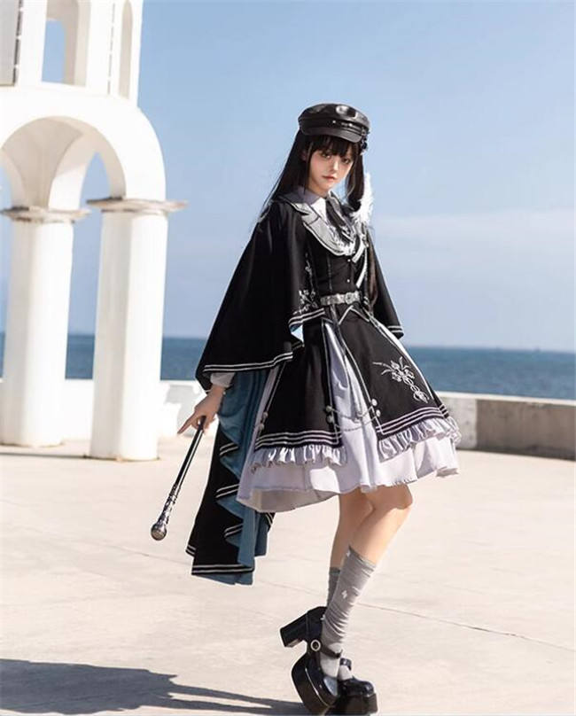 Dark Contract Blue Military Lolita Vest, Blouse, Skirt, Cape and Feather Badge