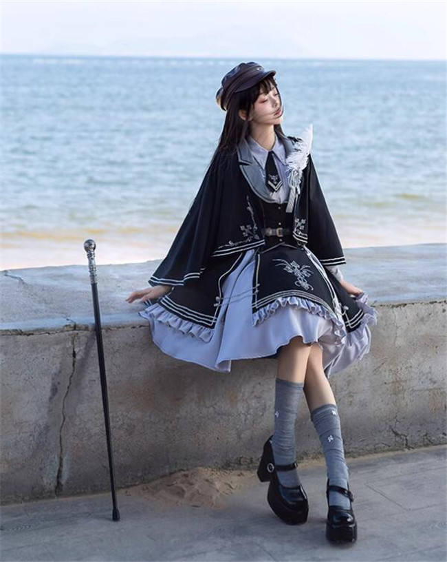 Dark Contract Blue Military Lolita Vest, Blouse, Skirt, Cape and Feather Badge