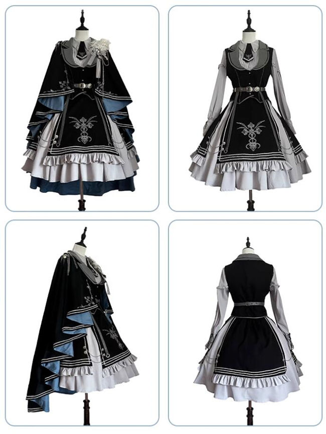 Dark Contract Blue Military Lolita Vest, Blouse, Skirt, Cape and Feather Badge