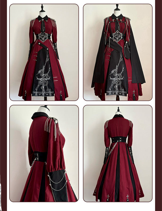 Ying Luo Fu Scarlet Knight Red Military Lolita Dress, Cape and Waist Belt