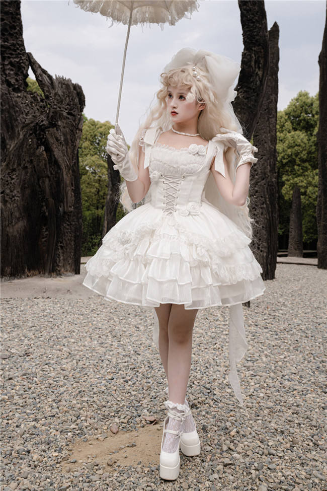 White Rose Fishbone Waist Gothic Lolita Dress
