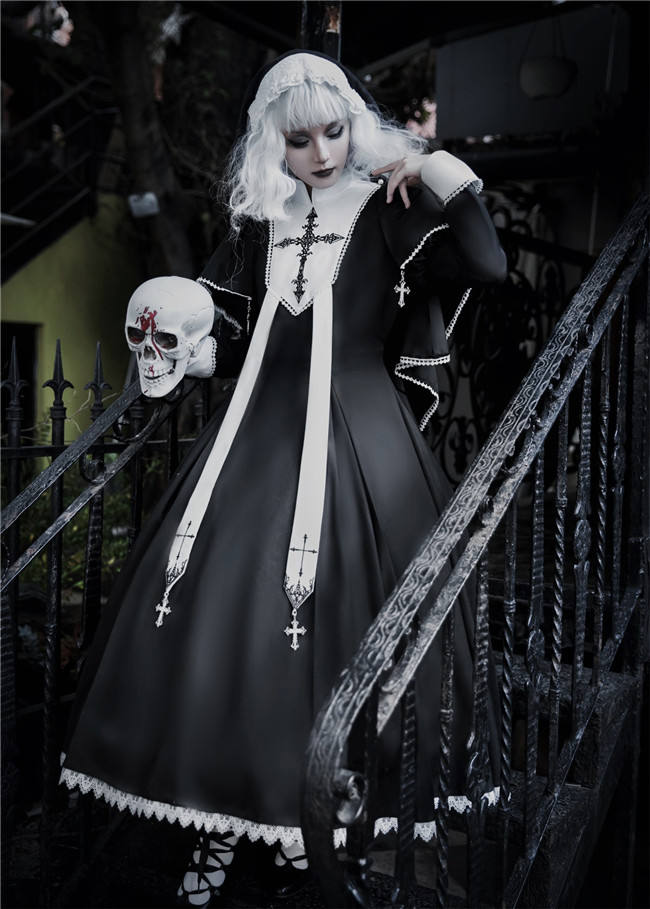 Holy Hearts Fake Two-piece Gothic Nun Lolita Dress and Cape