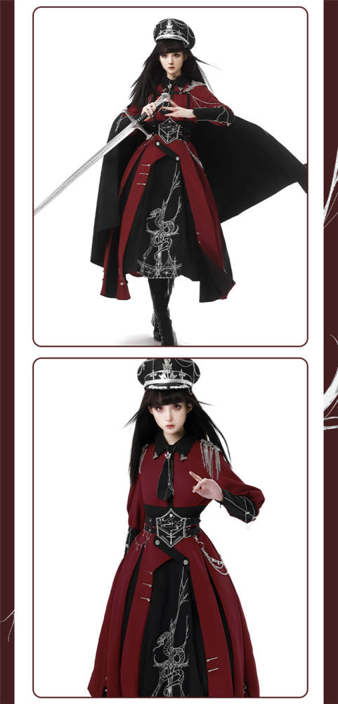 Ying Luo Fu Scarlet Knight Red Military Lolita Dress, Cape and Waist Belt