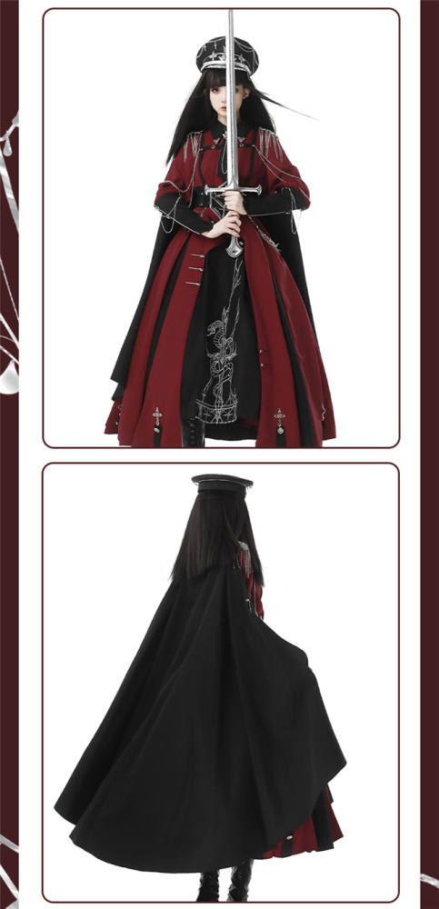 Ying Luo Fu Scarlet Knight Red Military Lolita Dress, Cape and Waist Belt