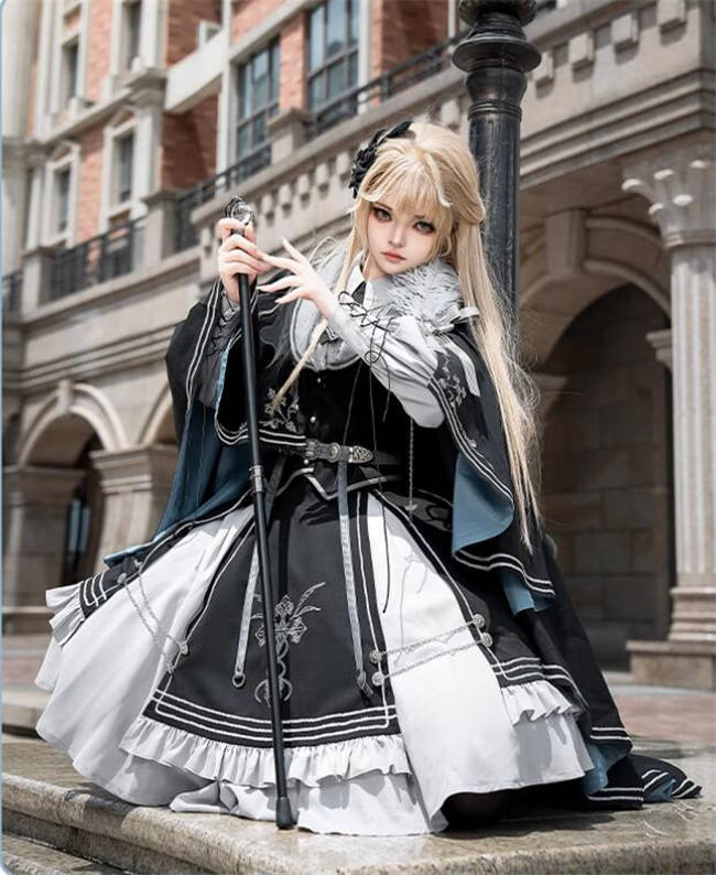 Dark Contract Blue Military Lolita Vest, Blouse, Skirt, Cape and Feather Badge