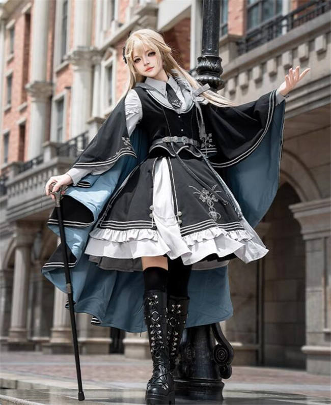 Dark Contract Blue Military Lolita Vest, Blouse, Skirt, Cape and Feather Badge