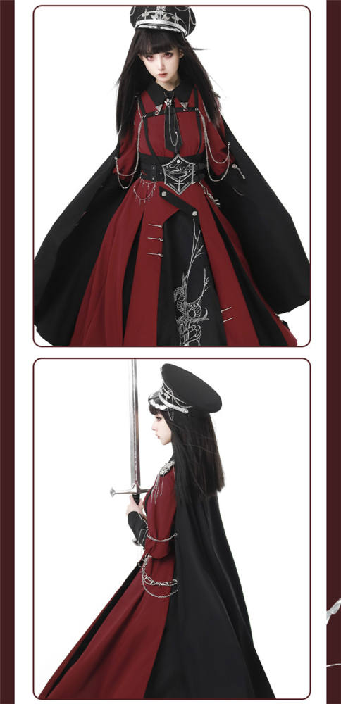 Ying Luo Fu Scarlet Knight Red Military Lolita Dress, Cape and Waist Belt