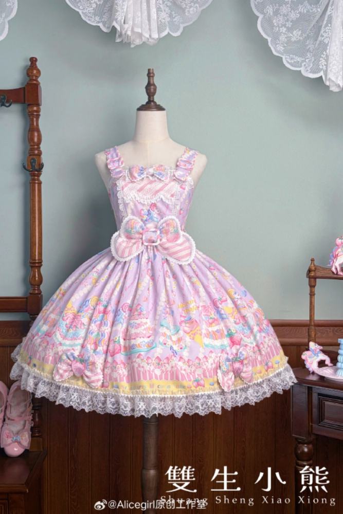 Alice Girl ~Strawberry Macaron~ Sweet Prints Lolita JSK OP and Salopette 4 Colors