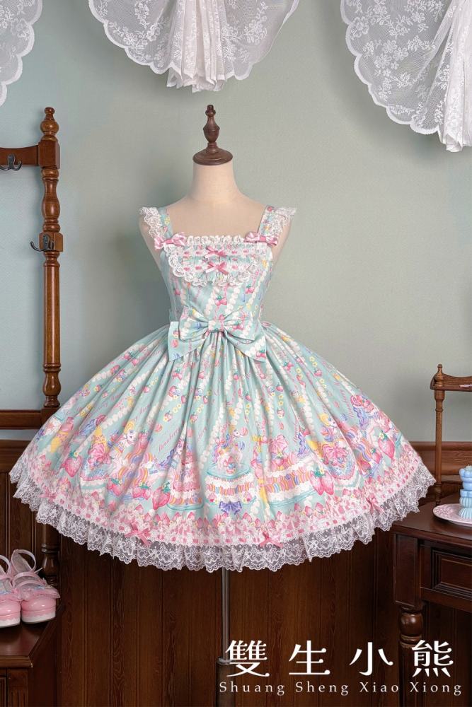 Alice Girl ~Strawberry Macaron~ Sweet Prints Lolita JSK OP and Salopette 4 Colors
