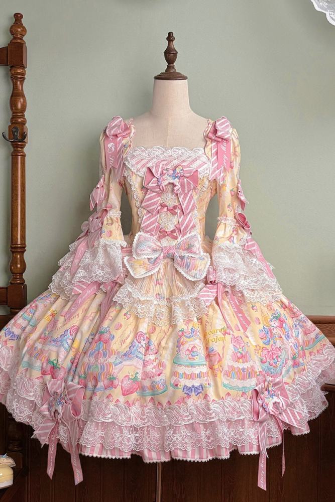 Alice Girl ~Strawberry Macaron~ Sweet Prints Lolita JSK OP and Salopette 4 Colors