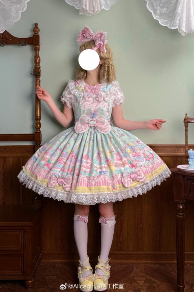 Alice Girl ~Strawberry Macaron~ Sweet Prints Lolita JSK OP and Salopette 4 Colors