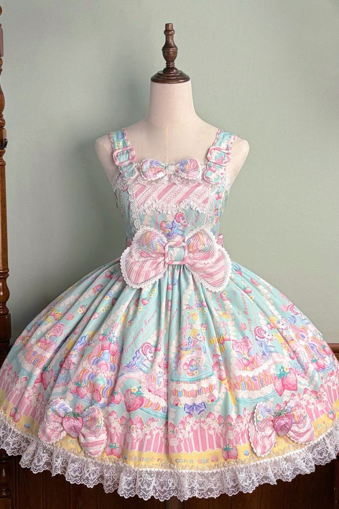 Alice Girl ~Strawberry Macaron~ Sweet Prints Lolita JSK OP and Salopette 4 Colors