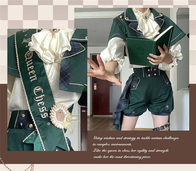 Queen's Game Ouji Lolita Blouse, Cape, Short Pants Red Green Blue