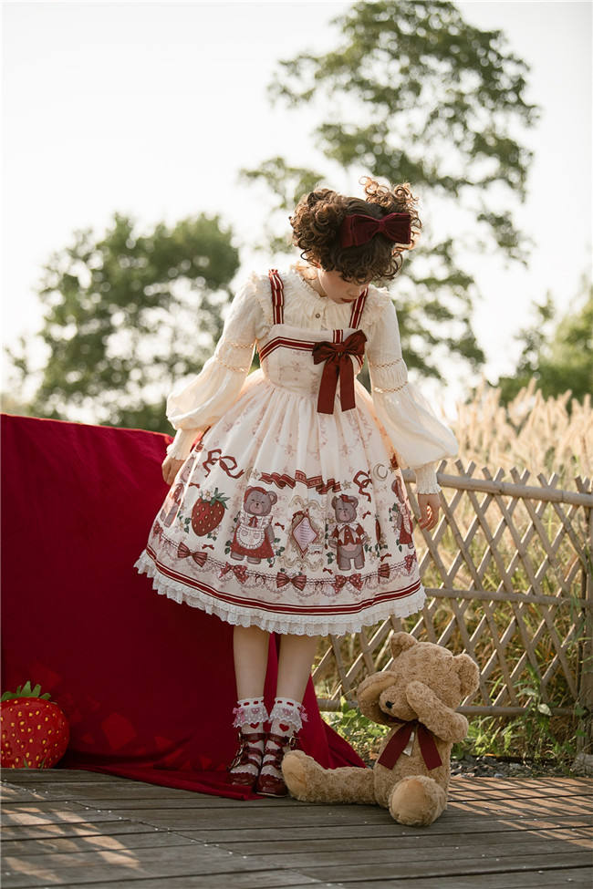 Bear and Strawberry Print Lolita Jumper Dress and Coat