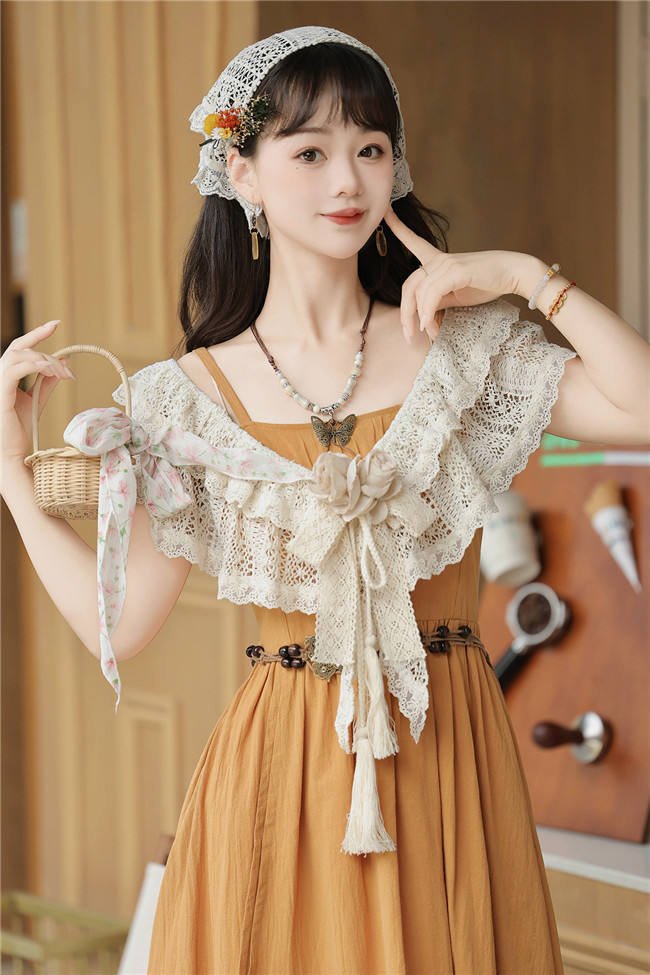 Daisy Embroidery Han Style Jumper Dress and Lace Tippet
