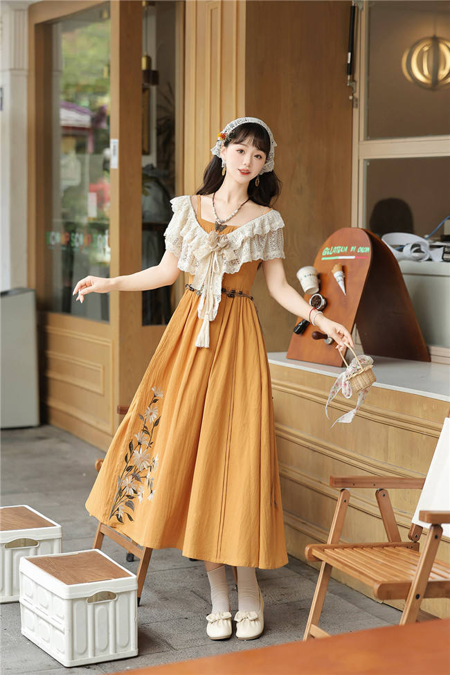 Daisy Embroidery Han Style Jumper Dress and Lace Tippet